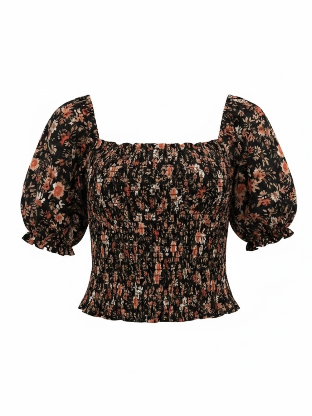 Forever 21 Black Floral Smocked Puff-Sleeve Top